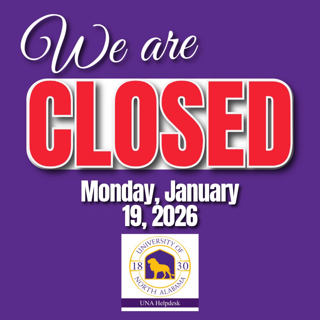 DeskUna's tweet photo. The UNA ITS Helpdesk will be closed on Monday, January 19, 2026, in observance of Martin Luther King Jr. Day. https://t.co/wfxT1osFjc