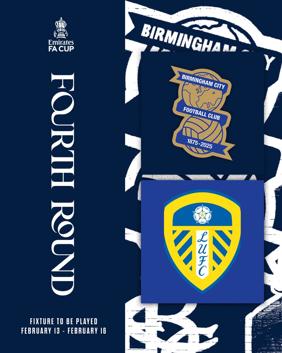 BCFC's tweet image. We will face Leeds United in the Fourth Round of the #EmiratesFACup. 🏆

Ticket details will be confirmed in due course.