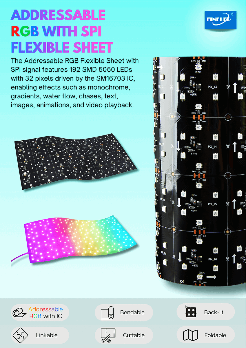 fineledlights's tweet photo. The Addressable RGB Flexible Sheet with SPI signal features 192 SMD 5050 LEDs with 32 pixels driven by the SM16703 IC, enabling effects such as monochrome, gradients, water flow, chases, text, images, animations, and video playback. https://t.co/x2f9FopAg7