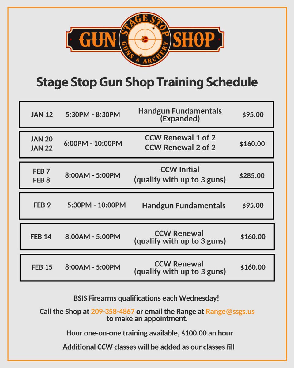 stagestopgun's tweet image. Our updated schedule includes our Handgun Fundamentals (Expanded) class tonight and our CCW Renewal class this weekend. 

#StageStopGunShop #CCWRenewal #GunSafety #Training