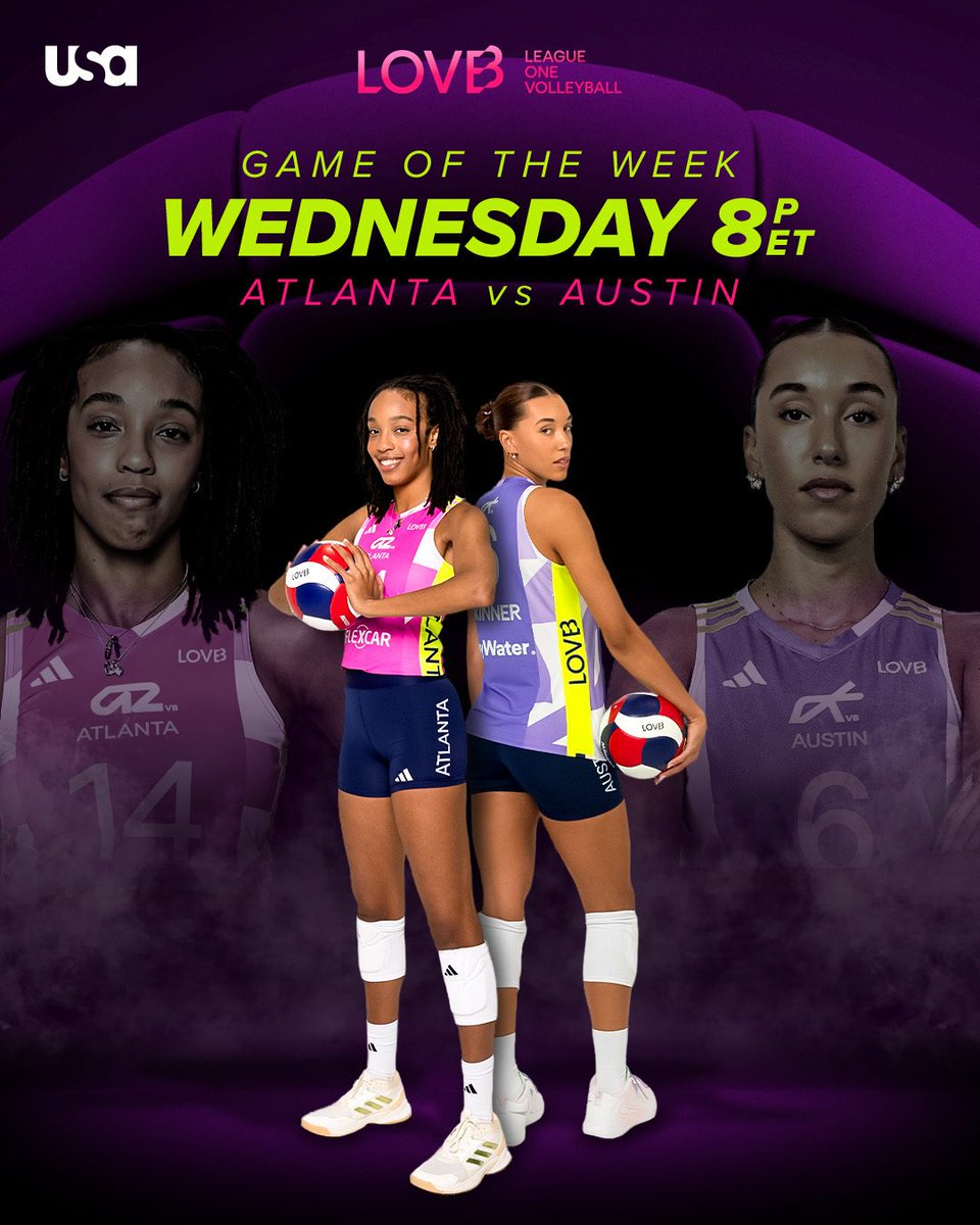 USANetwork's tweet photo. This is going to be a good one. �� @lovbatl takes on @lovbatx in this week's @leagueonevb Game of the Week! Watch Wednesday at 8p ET on @USANetwork. #lovb #lovbatx #lovbatl https://t.co/FLr9hjY5tL