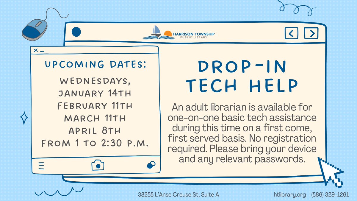 Whether you have a new device you're struggling to set up or having trouble with a device you've had for years, our Adult Librarians can help! Stop by during 1:00 and 2:30 p.m. this Wednesday for one-on-one tech assistance.