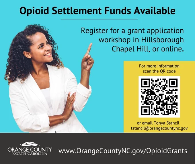 Woman in white blazer pointing up beside text about opioid settlement fund workshops in Hillsborough, Chapel Hill, or online with a QR code and contact info.