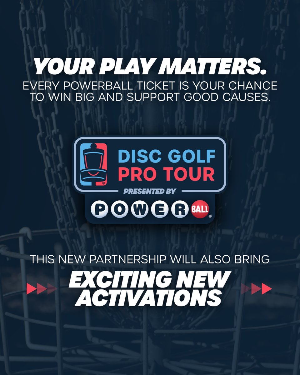 DiscGolfProTour's tweet photo. 🚨DGPT x Powerball🚨

We are pleased to announce that Powerball has become the Tour’s official presenting partner! 

Powerball is powering the entire season, including:

▪️Powerball DGPT World Standings 
▪️Powerball DGPT Playoffs 
▪️Powerball Cup 

And thanks to Powerball, your chance to hit a $5,000+ ace is here! We’re picking 5 fans at US DGPT events to throw for a rolling jackpot. No ace? The closest throw still bags $500.

Read more about this exciting new partnership here:
https://t.co/NBt4DRBh9f