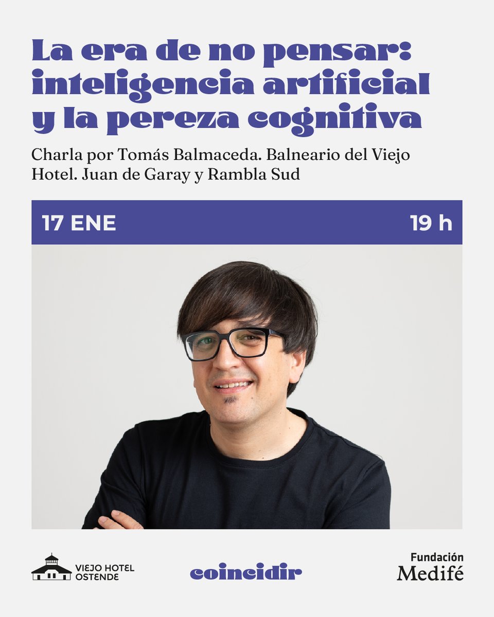 🤔 Este sábado a las 19hs nos encontramos con Tomás Balmaceda <a href="/capitanintriga/">Tomás Balmaceda</a> para conversar sobre “La era de no pensar: inteligencia artificial y la pereza cognitiva”
Balneario del Viejo Hotel

✨Actividad en el marco de “coincidir” con <a href="/FundacionMedife/">Fundación Medifé</a>