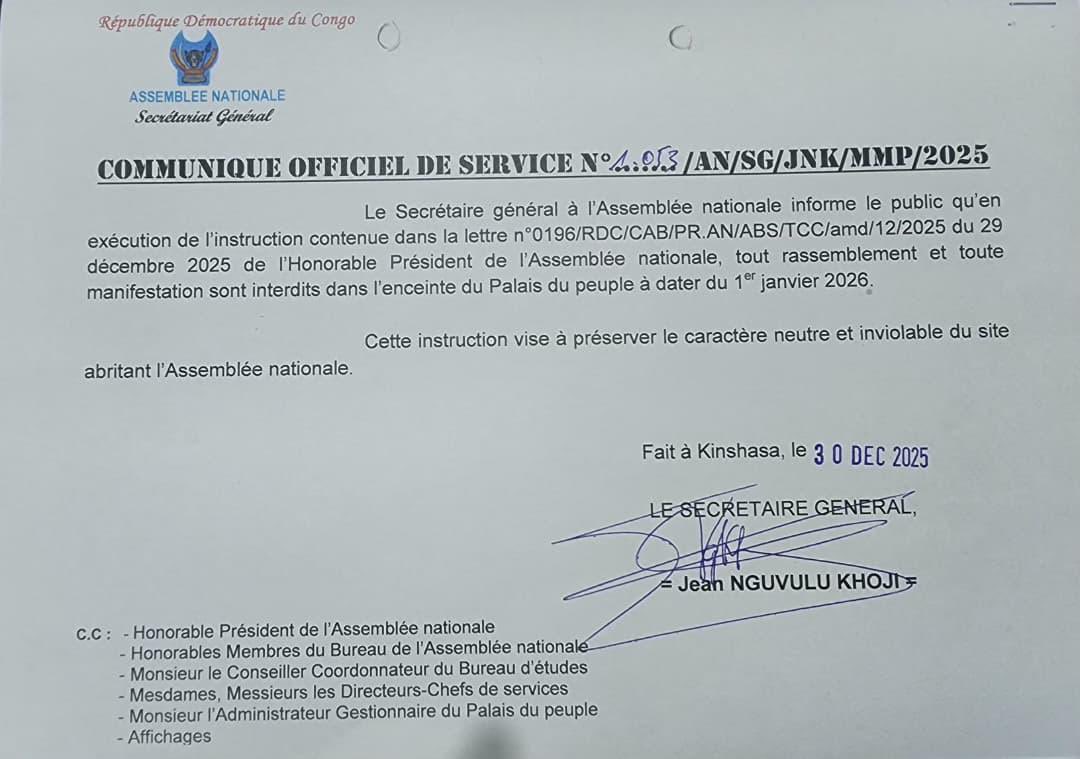 PatrickLokala_'s tweet image. #RDC ! Conformément aux instructions du Président de l’Assemblée nationale, l’Honorable Aimé BOJI SANGARA, le Secrétaire  général à  l’Assemblée nationale informe l’opinion publique que désormais, toute manifestation et tout rassemblement sont interdits dans l’enceinte du Palais…