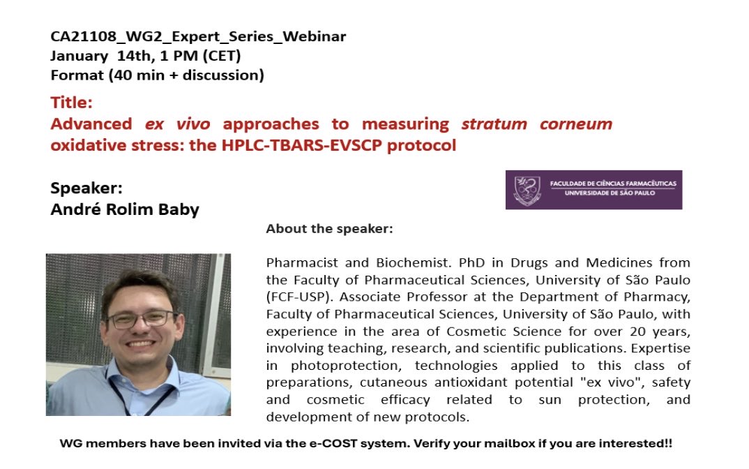 NETSKINMODELS's tweet photo. ‼️ WEBINAR 
🗓️ Wednesday (14/01), 1 pm (CET) 
🎤 Dr. André Rolim Baby
📚 Advanced ex-vivo approaches to measuring stratum corneum oxidative stress: The HLPC-TBARS-EVS Protocol. https://t.co/AHOE4ScidS