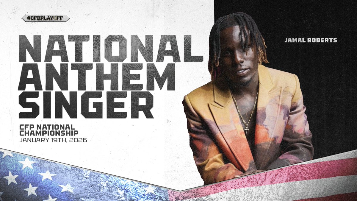 CFBPlayoff's tweet photo. Prior to kickoff at the 2026 College Football Playoff National Championship, American Idol winner Jamal Roberts will perform the national anthem at Hard Rock Stadium! 🇺🇸

Full pregame entertainment release » https://t.co/a4ZAMZbahE

#CFBPlayoff #NationalChampionship https://t.co/URv89KnknP
