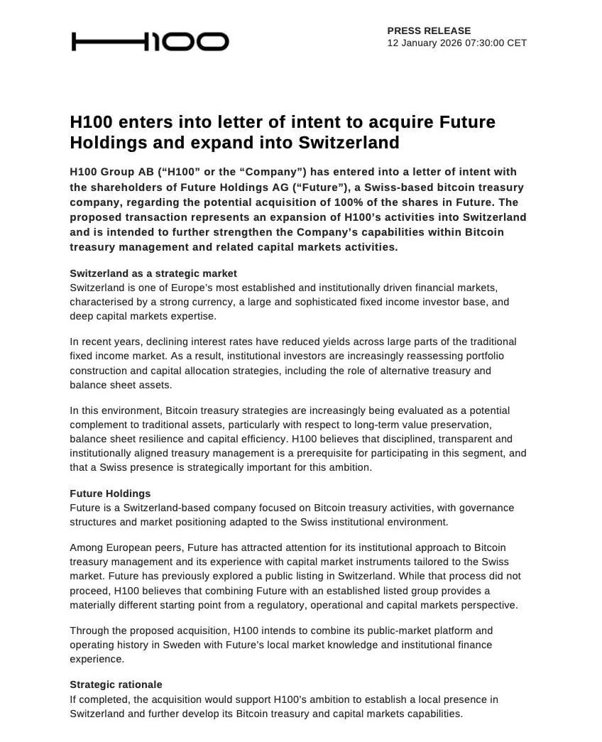 CoinwatcherNews's tweet photo. 🇨🇭🤝 Movimiento estratégico en #Bitcoin

H100 firmó una carta de intenciones para adquirir Future Holdings AG, una empresa de tesorería de Bitcoin con sede en Suiza.

La operación propone:
•Expansión de H100 en Suiza
•Refuerzo de su tesorería en BTC
•Mejora de capacidades en mercados de capitales

Más compañías adoptando Bitcoin como activo estratégico. 👀

#BTC #Bitcoin #Tesorería #Institucional #Suiza #Crypto #MercadosDeCapitales