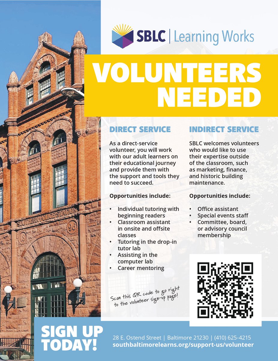 Want to make a difference in adult education? 💛
SBLC is looking for volunteers!
📩 Email plong@southbaltimorelearns.org to get involved