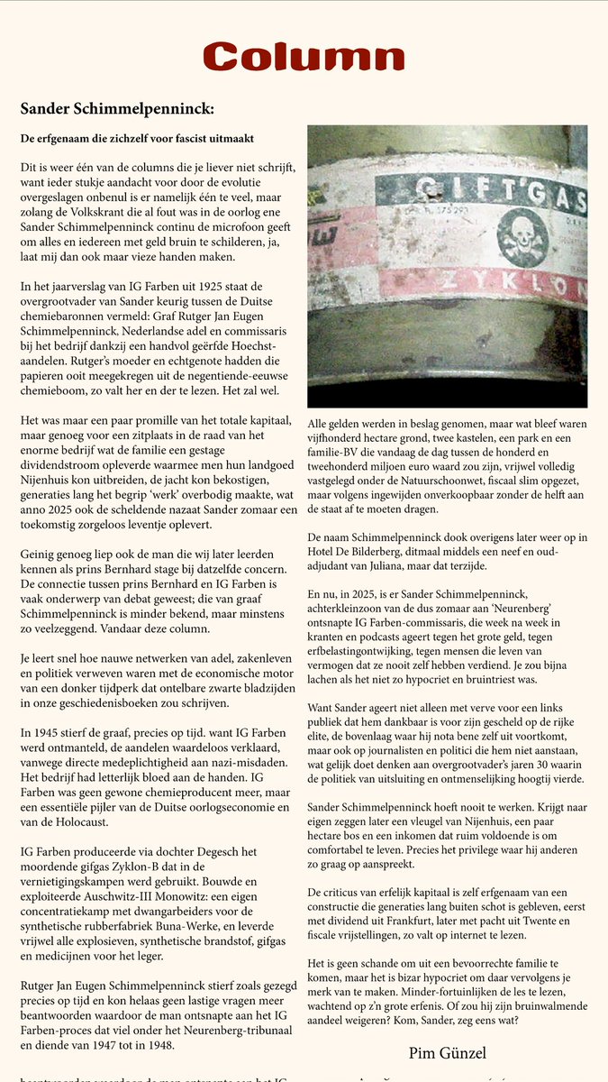 Lees mijn column over <a href="/SanderSchimmelp/">Sander Schimmelpenninck</a>. Beoogd erfgenaam van een fortuin dat door zijn overgrootvader werd verdiend met (o.a.) #zyklon_b waarmee zoveel Joden zijn vermoord. Aan het eind van #ww2 pleegde Sander's overgrootvader zelfmoord om aan Neurenberg te ontsnappen. #Holocaust
