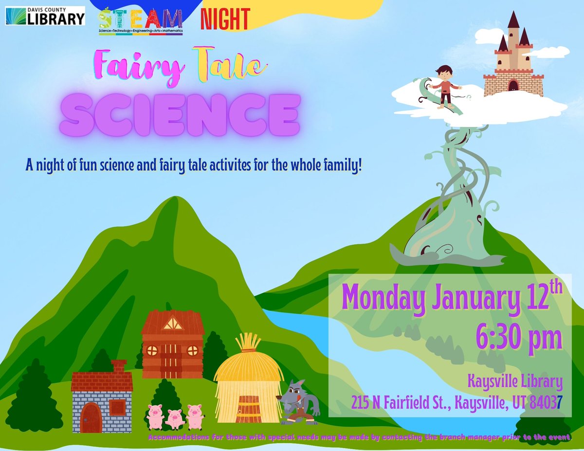 DavisCountyLib's tweet image. Tonight at our Kaysville Branch you can be a part of the science behind those famous fairy tales! Build a stronger house for Three Little Pigs, create a parachute instead of climbing down the beanstalk, and more! See you at 6:30 pm!