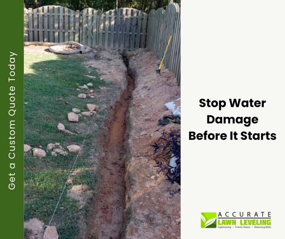 AccurateLawn's tweet photo. Water pooling near your foundation isn’t just annoying — it can lead to costly damage and soggy yards. A French drain acts as your first line of defense by redirecting excess water away from problem spots before it becomes a headache. 

Get a quote today: https://t.co/qDrTQZp84L https://t.co/oa9Y6rkQ0t