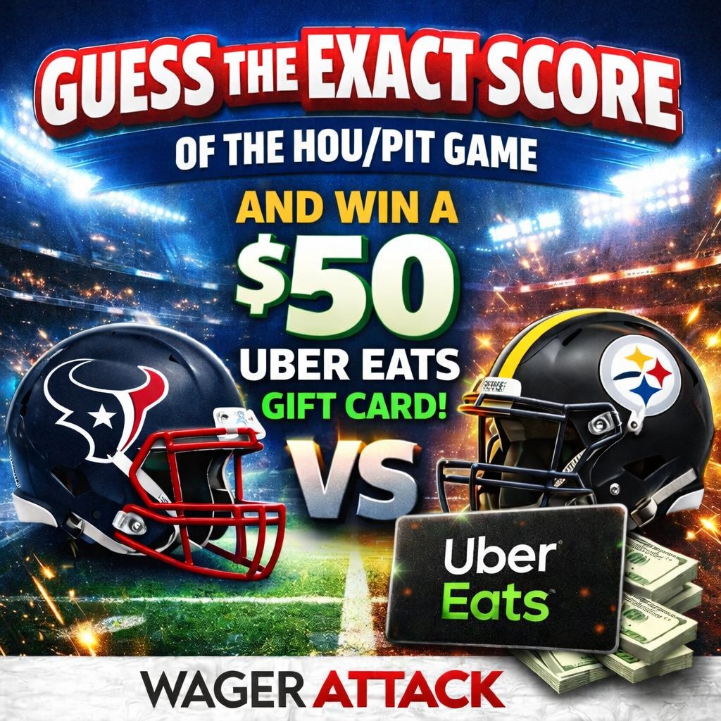 wagerattack's tweet photo. Guess the exact score of tonight's Texans vs Steelers Matchup and if you get it right, receive a $50 Uber Eats Gift Card!

One guess per person, must have guess in prior to kickoff to be valid.

Goodluck!

#Gamblingx #Giveaway #freecontest #wildcardweekend https://t.co/EIfGDBDZnh