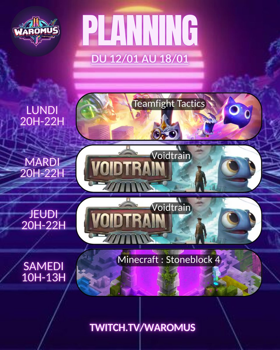 Waromus's tweet photo. Voici le planning de cette semaine du 12/01 au 18/01 !

https://t.co/IHYO4i7rdg

#twitch #twitchstreamer #twitchfr https://t.co/5VZPLQv9or