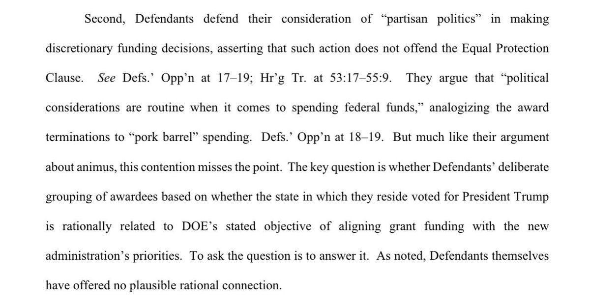 kyledcheney's tweet image. JUST IN: Judge Mehta rules that Trump/Russ Vought's termination of environmental grants during the shutdown — targeted solely at states that voted for Kamala Harris — violated the 5th Amendment's Equal Protection clause and orders them restored. 

documentcloud.org/documents/2646…