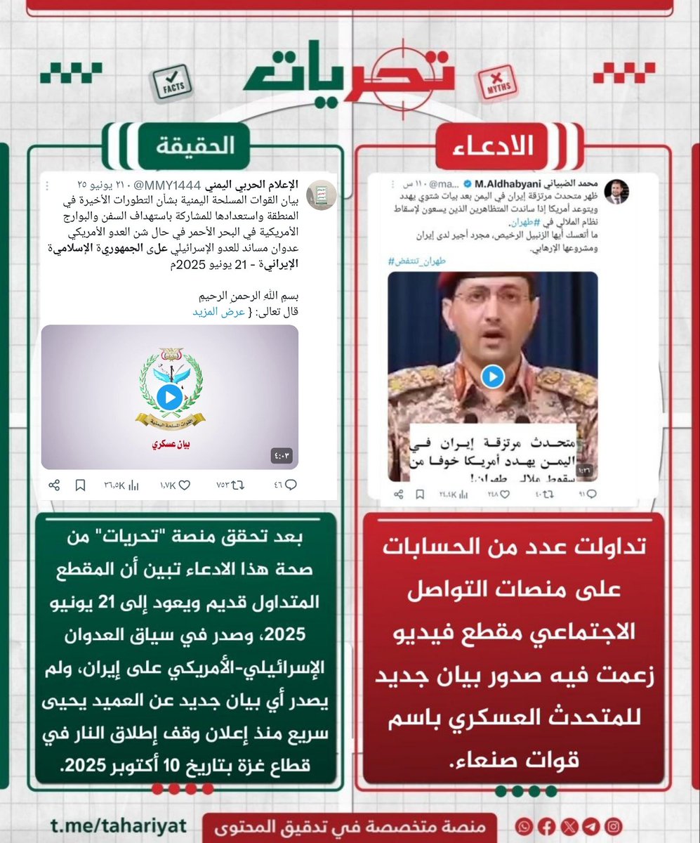 taharyat's tweet photo. ❌الادعاء: 
تداولت عدد من الحسابات على منصات التواصل فيديو زعمت فيه صدور بيان جديد للمتحدث العسكري باسم قوات صنعاء.

✅الحقيقة: 
بعد تحقق منصة "تحريات" تبين أن المقطع المتداول يعود إلى 21 يونيو 2025، وصدر في سياق الهجوم العسكري الإسرائيلي–الأمريكي على إيران منتصف العام الماضي. https://t.co/CUV4Wnawc9