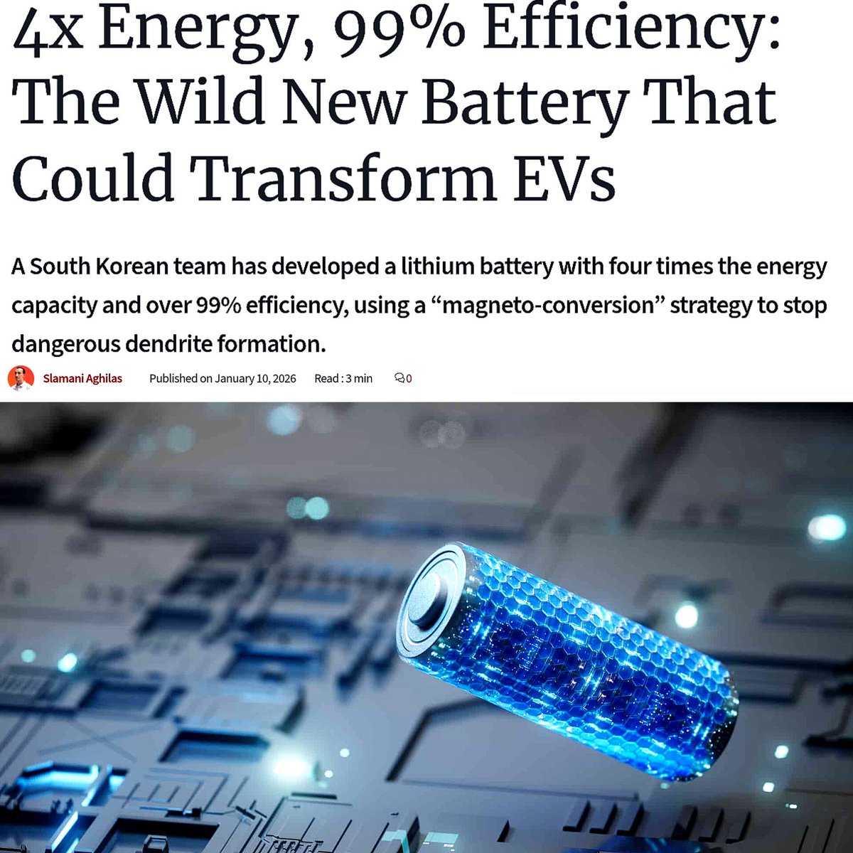 This is HUGE
Researchers in S. Korea have built a lithium battery system that delivers 4 times the energy of today’s graphite-based cells, while maintaining over 99% efficiency across hundreds of cycles.

EV, BESS, Captive Power &amp; Distribution Generation will grow exponentially