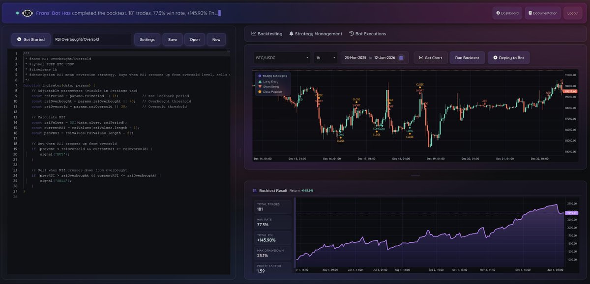 FransHisBot's tweet photo. Trading is a battle against your own head. Most traders fail because they can't stick to the plan when the market gets volatile.

Frans'Bot removes the emotion. It’s a 1-stop shop to build, backtest, and deploy your strategies 24/7. 
Built to work on its own DEX powered by #Orderly, it’s pure execution without the stress.

The Essentials:
🟣 Build & Backtest: Craft your own strategy or use a template, then see how it performs before going live. 🟣 Deploy: Run it 24/7. No fatigue, no panic-selling, the bot just runs your plan. 
🟣 Cost: It’s FREE to use on its own DEX.

Stop overthinking every move. We’re making #algotrading accessible to everyone.

Check it out: https://t.co/xih3Vsmvhu

#Orderly #DEX #Algotrading #backtesting #trading #bot