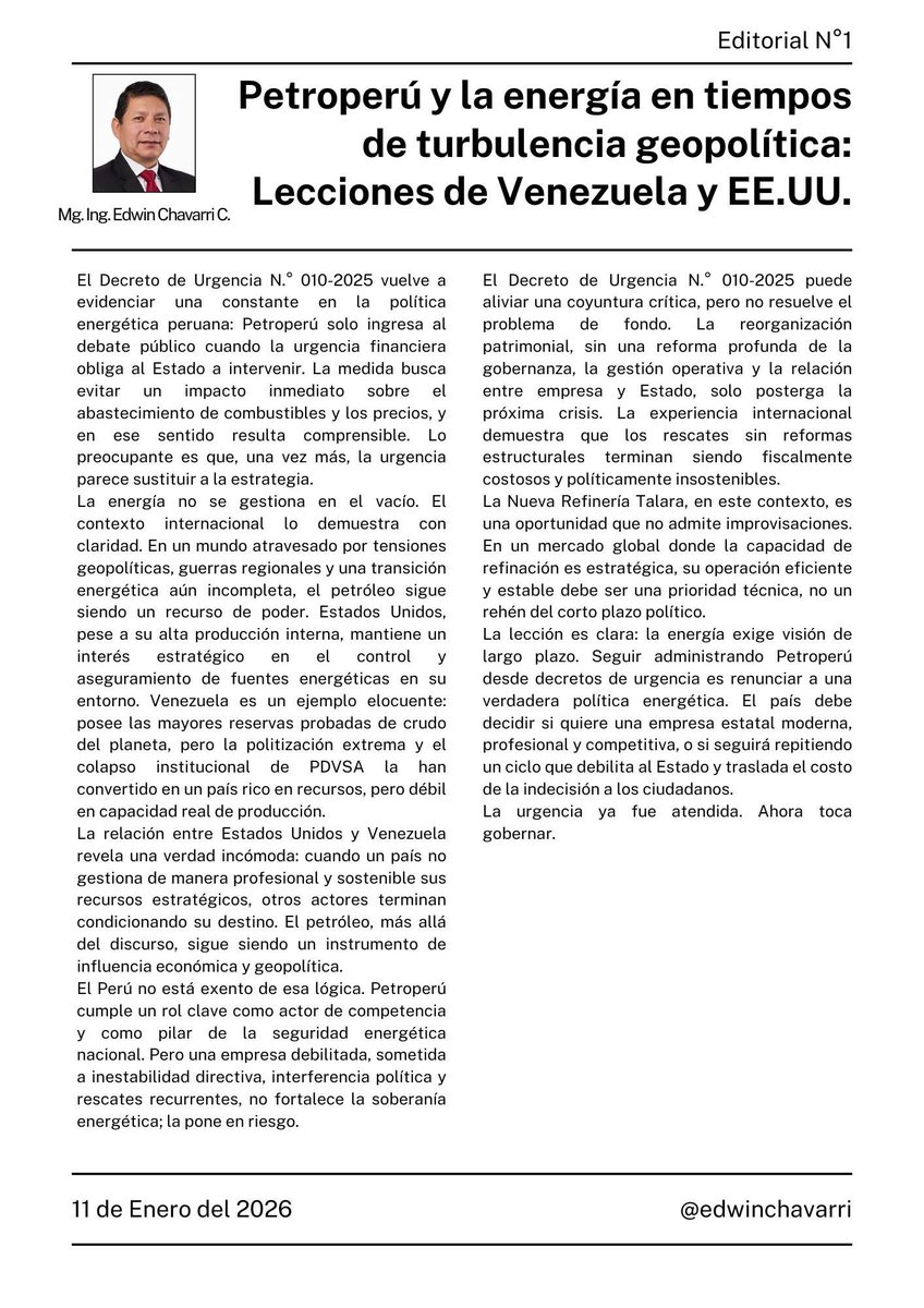 EdwinChavarri's tweet photo. El país necesita decisiones técnicas, institucionales y políticas que garanticen seguridad energética, competencia y estabilidad económica.
#Petroperú #Energía #Geopolítica
#Gobernanza #Peru 
@elcomercio_peru @peru21noticias @larepublica_pe @Agencia_Andina https://t.co/4XLXAMw0t6