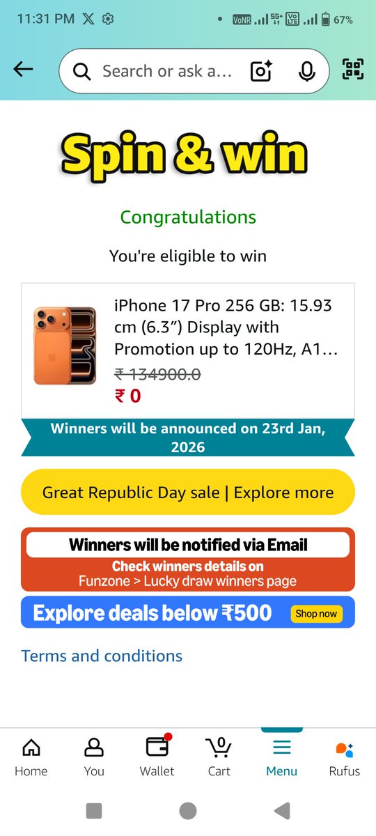 Dattatray_84's tweet image. Just eligible to win iPhone 17 Pro 
Hey, I found FunZone on Amazon - a super fun spot loaded with a bunch of free games offering a chance to win bumper rewards! Come check it out.
#FunZone
#AmazonGreatRepublicDaySale 
@amazonIN
 
amzn.in/d/1osnpIi