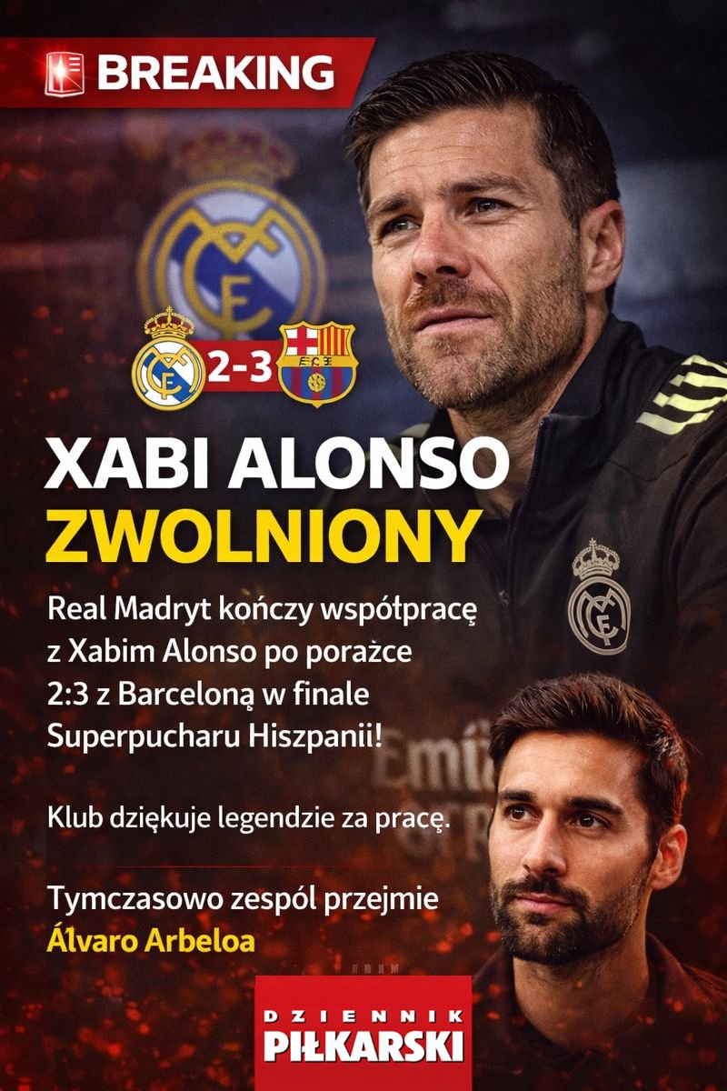 DziennikPilka's tweet image. 🚨 Oficjalnie: ⚽️Real Madryt ogłasza zakończenie współpracy z trenerem Xabim Alonso!

⚽️Po wczorajszej porażce 2:3 z FC Barceloną w finale Superpucharu Hiszpanii (11 stycznia 2026, Jeddah), klub podjął decyzję o rozstaniu "za obopólnym porozumieniem". 
⚽️W komunikacie…