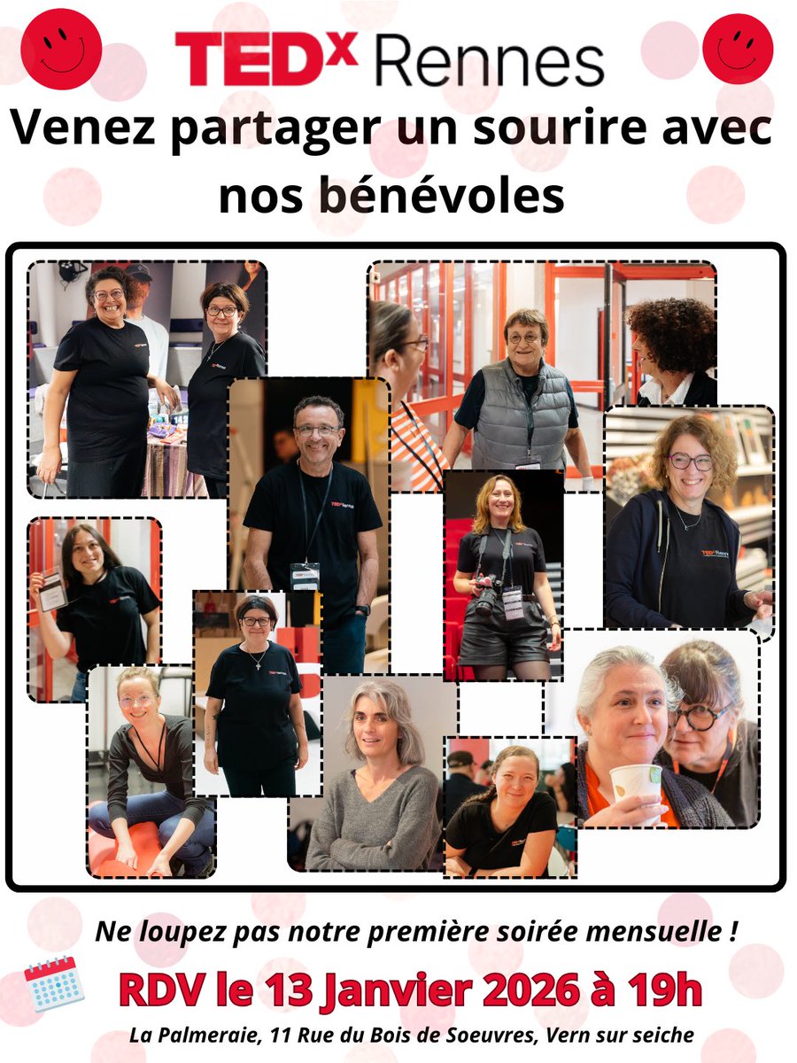 Soirée mensuelle TEDxRennes

Rejoignez notre équipe de bénévoles, et découvrez l’organisation d’un TEDxRennes.

📆Ce mardi 13 janvier, 19h 📍La Palmeraie, 11 Rue du Bois de Sœuvres, Vern sur seiche

👉via Google maps lnkd.in/eYhdp85s
👉via Plans lnkd.in/e69qS999