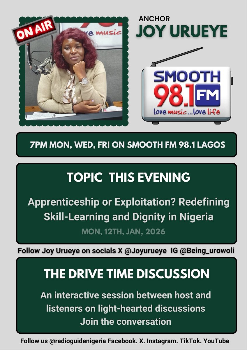 radioguide_NGR's tweet photo. The Drive Time Discussion on Smooth FM 98.1

An interactive session between hosts and listeners on light-hearted topics.
Join the conversation with your host, Joy Urueye
@Smooth981FM @joyUrueye

#lighthearteddiscussion #radio #Smooth981 #skilllearning #apprenticeship https://t.co/uiT8AaPql2