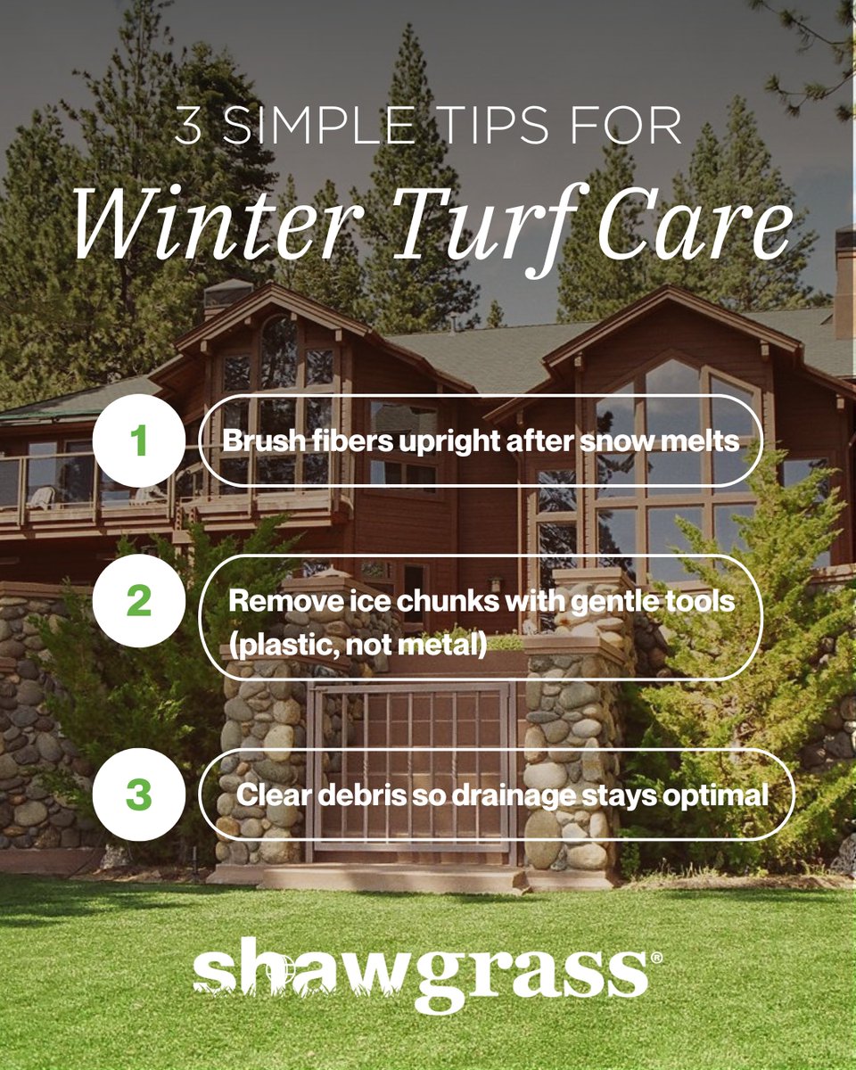 _Shawgrass's tweet photo. Winter Turf Care 101: Keep your #Shawgrass at its best all season ❄️
✔ Brush fibers upright after snow melts
✔ Remove ice chunks with gentle tools (plastic, not metal)
✔ Clear debris so drainage stays optimal
💡What’s your #WinterYard Hack? Share below! https://t.co/jcpXqOVACN