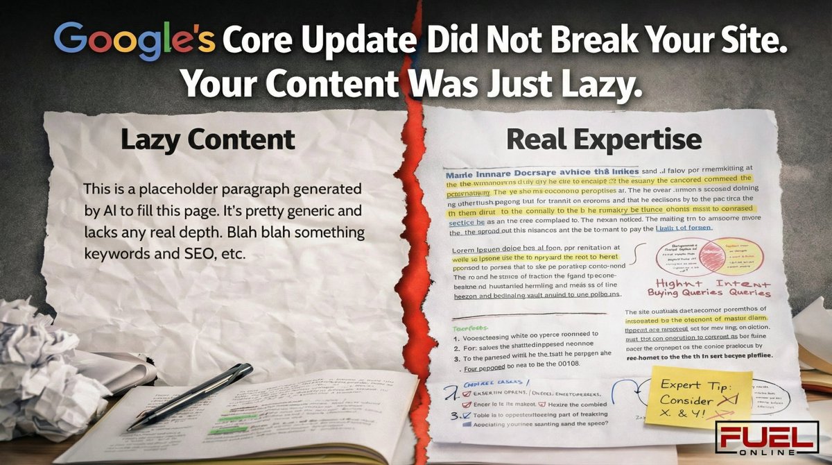 FuelOnline's tweet photo. Google’s Core Update Did Not Break Your Site, Your Content Was Just Lazy

Everyone is talking about Google’s latest core update like it is some mysterious punishment, but honestly it is one of the most predictable updates we have seen in a while if you have been paying attention. Google is basically saying what many of us have been saying quietly for years. Stop trying to be everything to everyone and start being really good at something specific.

The biggest shift I am seeing is that niche expertise is winning again. Not fake niche pages. Not broad blogs that touch fifty industries with shallow takes. Real subject matter depth. Sites that live and breathe one space are showing up more often, and the generalist content farms are finally feeling some pressure.

There is also a very clear message around AI content quality. This is not an anti AI update. It is an anti lazy AI update. Google is getting much better at spotting content that looks fine at a glance but falls apart when you actually read it. Accuracy matters more now, especially in areas where being wrong actually has consequences.

AI can help you move faster, but it cannot be the final brain. If your content has never been reviewed by someone who actually understands the topic, that is a real risk now. Not later. Right now.

Search itself is changing too. Rankings still matter, but they are no longer the only game. Between AI summaries, snippets, and blended results, users are often getting answers before they ever click. That means your content has to be clear, trustworthy, and easy to understand immediately. If it cannot be summarized cleanly without losing meaning or accuracy, you are already behind.

So what should you actually do moving forward. First, narrow your focus. If your site tries to cover everything, pick a lane and go deep. Depth is beating breadth right now. Second, audit your AI assisted content. Do not delete it. Improve it. Add real insights, examples, opinions, and corrections that only a human would catch.

Third, stop obsessing over single rankings and start watching intent and engagement. Are people staying. Are they coming back. Are they actually getting value. Fourth, build authority outside of Google. Email lists, social presence, brand mentions, real community. Algorithms change. Trust carries.

The funny part is none of this is new. Google just finally caught up to how real humans decide what to trust. Be useful, be accurate, be specific, and stop trying to cheat your way through expertise. That approach is not flashy, but it works.

https://t.co/V1TN7fCHyH