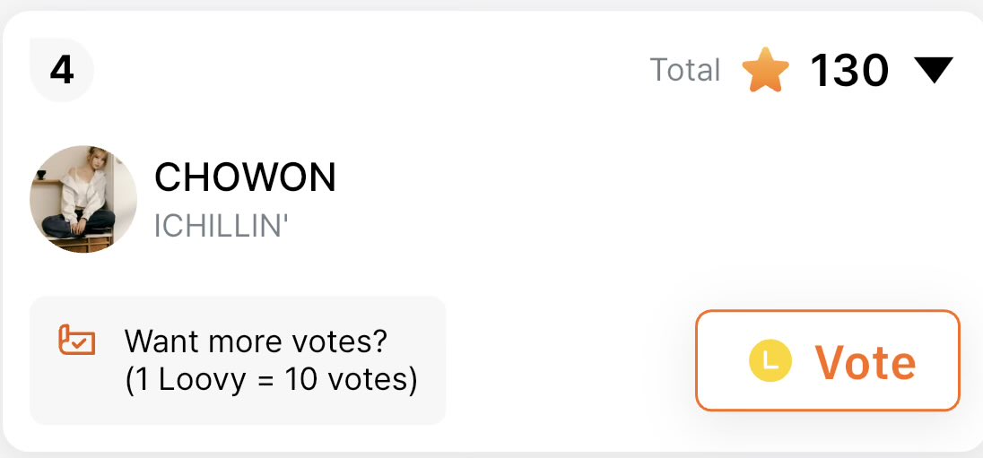 KOOKY VALENTINES STAR

CHOWON is currently at 4th place on the Kooky ranking but she needs to be in the Top 3 in order to progress

Votes to next level: 105

You can vote for FREE 1x a day. Reply with your proofs!

#CHOWON #초원
#ICHILLIN #아이칠린
<a href="/ichillin_km/">ICHILLIN' OFFICIAL</a> <a href="/I_m_chillin/">ICHILLIN'</a>