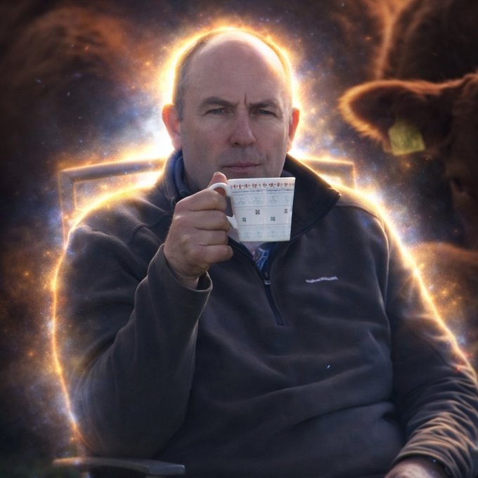 mir4klu's tweet photo. Dude is just sat there fucking aura farming surrounded by his cows sipping his tea 

 This farmer is going insanely Viral for being   A litteral Aura Farmer LMAO   1 million views   

Hes not just farming crops hes farming   

$Farmer The Aura Farmer https://t.co/YaZqL5uRkW