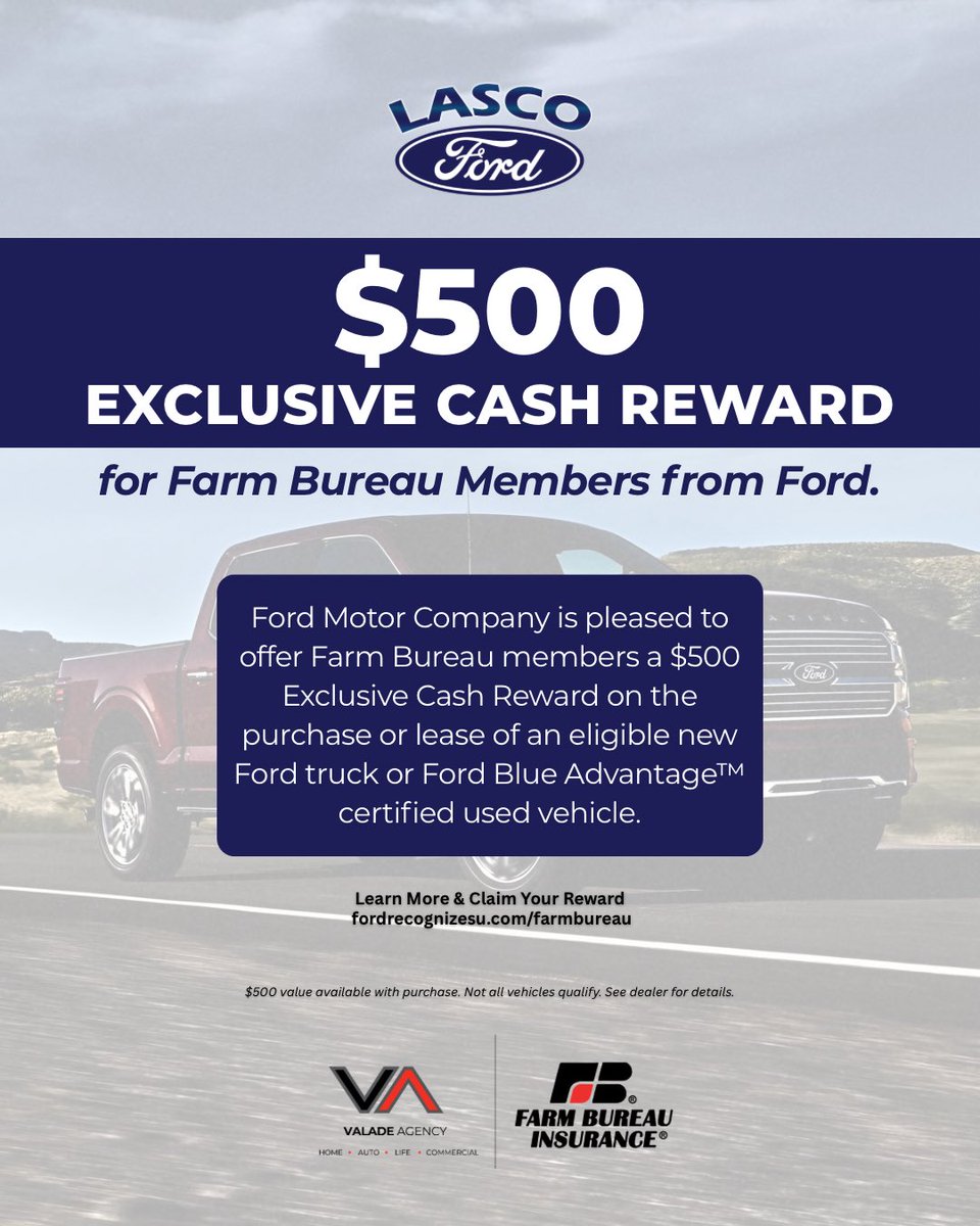 LascoFord's tweet photo. ‼️ Farm Bureau Members ‼️ Get a $500 Exclusive Cash Reward on an eligible new Ford truck or Ford Blue Advantage™ certified used vehicle at Lasco Ford.
Learn more: https://t.co/Gn05Y5yYtY See dealer for details. https://t.co/ftJEoWcOwd