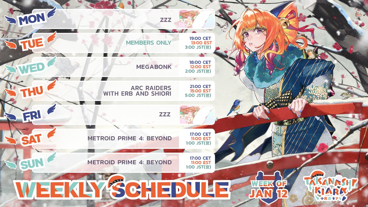 takanashikiara's tweet image. 【SCHEDULE】

this week on "Takanashi Kiara Ch. hololive-EN"...
今週のスケジュールだよ！日本時間全部最悪でごめん。。

get Drawn to Dawn Merch and Tickets!　キアラとイナのコンサートのチケットやグッズはこちら！！
drawn-to-dawn.hololivepro.com