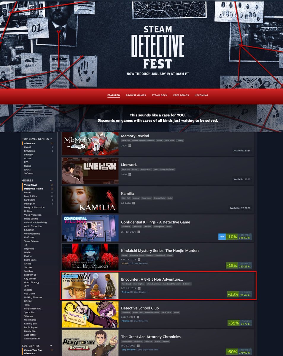 I finally managed to join one of the Steam thematic fests, Encounter is on sale for one week. 🥳

You can get the game at store.steampowered.com/app/3319780/En… or defenceforce.itch.io/encounter for about $2.00.

#PrivateInvestigator #retrogaming