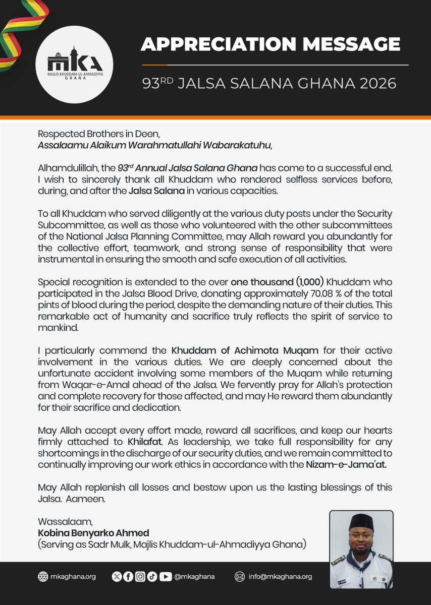 📣 Appreciation from Sadr MKA Ghana 🇬🇭

#khuddam
#Ahmadiyya 
#mkaghana 
#IslamAhmadiyyat 

Visit us @ mkaghana.org