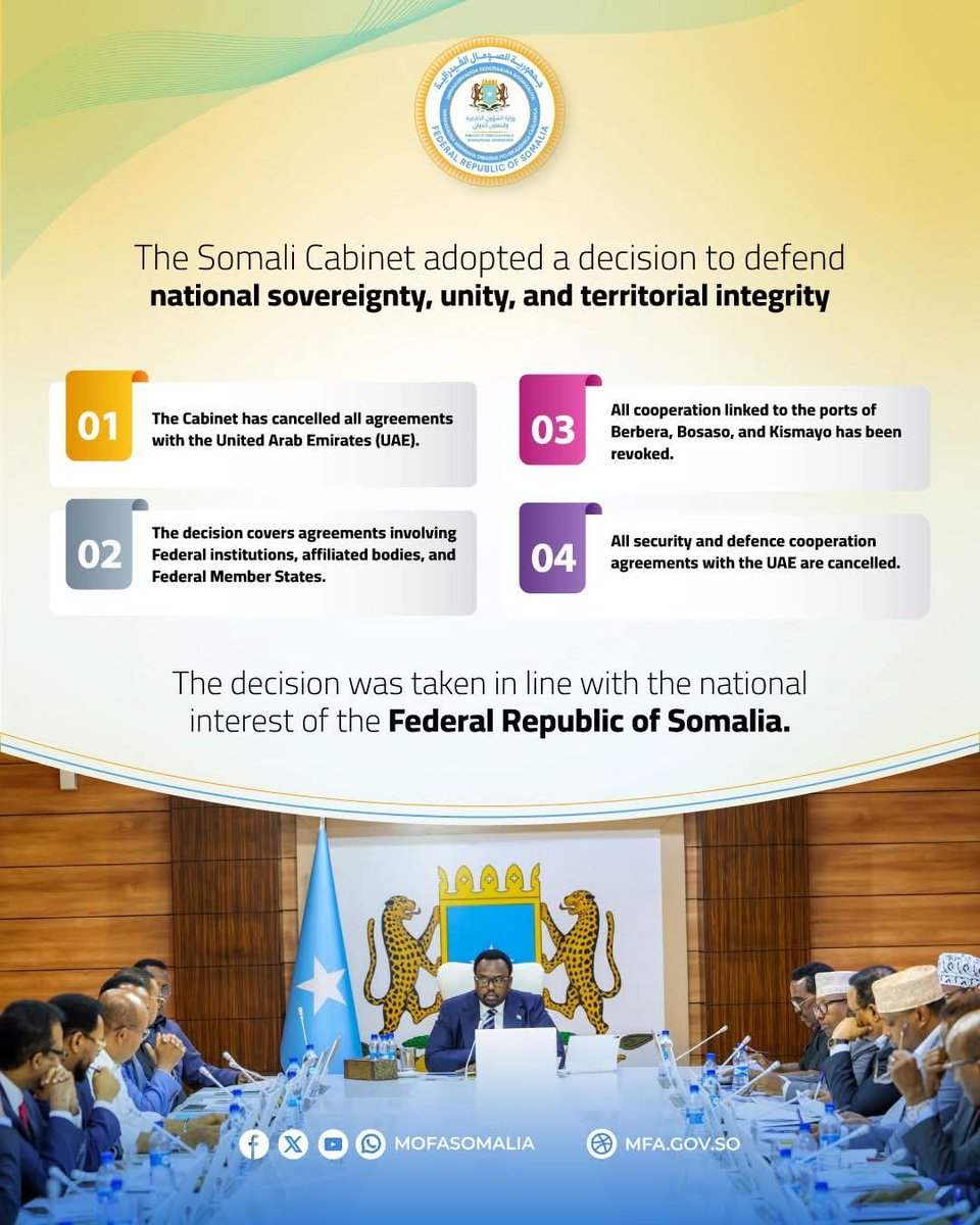 OsmanMoalim's tweet photo. The Federal Government of Somalia has terminated all agreements with the United Arab Emirates, covering port operations, government institutions, and security and defense cooperation. https://t.co/gp7VSQQ1ok