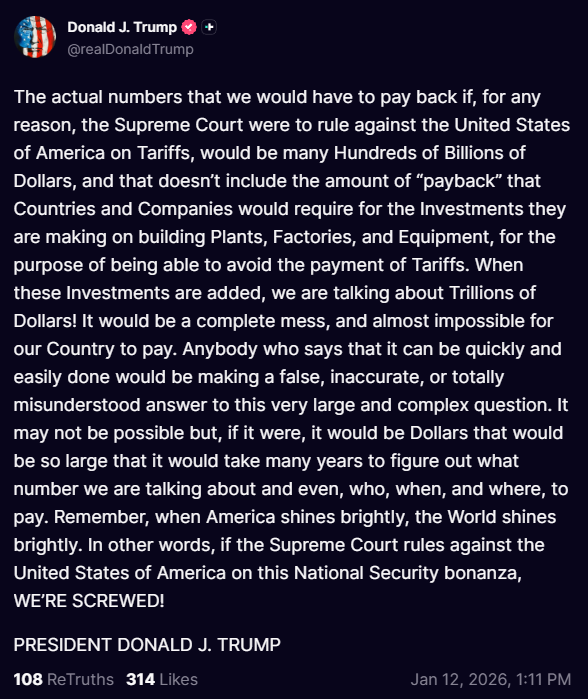 KobeissiLetter's tweet photo. BREAKING: President Trump says the US would have to pay back "trillions of dollars" if the Supreme Court rules that his tariffs are illegal.

"It would be a complete mess," Trump says.

A ruling is expected by as soon as Wednesday this week. https://t.co/yLrrIJufP5