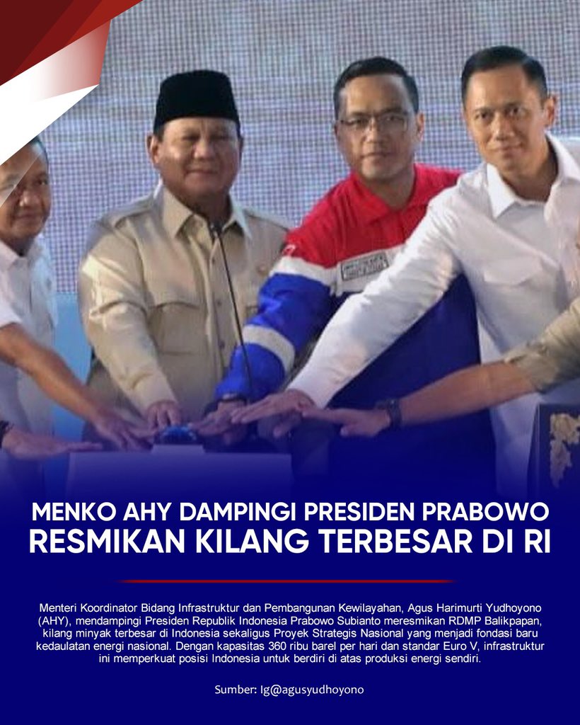 AHYS14P's tweet photo. Menko AHY mendampingi Presiden Republik Indonesia Prabowo Subianto meresmikan RDMP Balikpapan, kilang minyak terbesar di Indonesia sekaligus Proyek Strategis Nasional yang menjadi fondasi baru kedaulatan energi nasional. https://t.co/PKGrp6WLFP