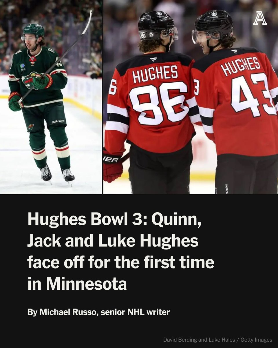 TheAthleticNHL's tweet image. Family is everything to the Hugheses.

Quinn, Jack and Luke Hughes will square off on Monday night when the Devils visit the Wild.