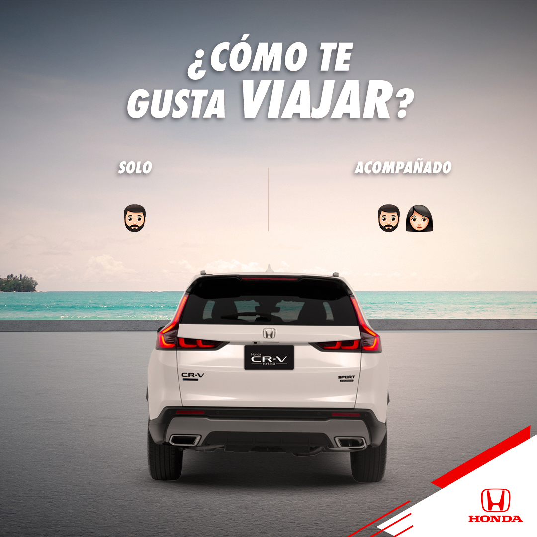 HondaDurango's tweet photo. ¿Cómo te gusta viajar: solo o acompañado? La nueva #HondaCRV Híbrida tiene espacio, tecnología y eficiencia para cualquier aventura. https://t.co/sxGjlwRKJr