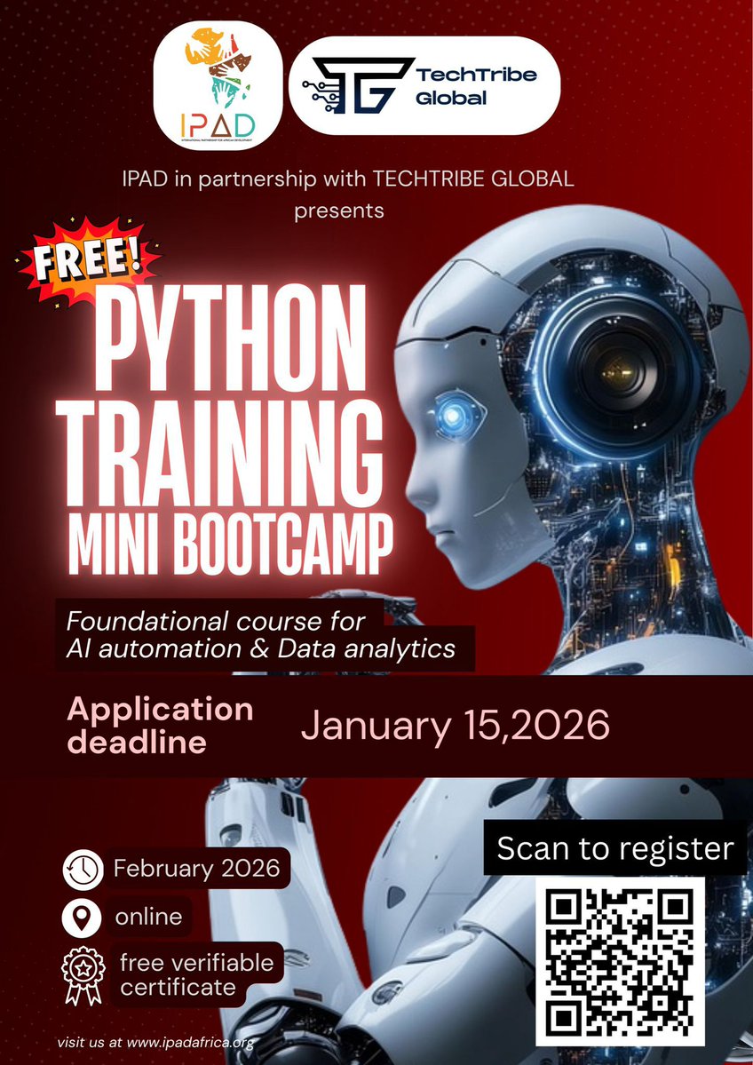 TechTribeGlobal's tweet image. 🤖TECHTRIBE GLOBAL🤖
Register now! docs.google.com/forms/d/e/1FAI…

 In partnership with International Partnerships for African Development (IPAD) and Keyweb Tech Solutions, we bring you another Python boot camp 🎉

Limited slots!
Date: 9th, 16th and 23rd February 2026
Venue: Online