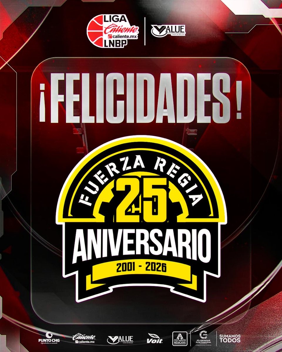 🎉| Felicidades a <a href="/Fuerza_Regia/">Fuerza Regia</a> por su 25 Aniversario!!!

Una organización icónica en el baloncesto de México y fuera de sus fronteras.

Enhorabuena, que siga la FUERZA!!!💪🏻💥🏀
⁦<a href="/LNBPoficial/">Liga Caliente.mx LNBP</a>⁩