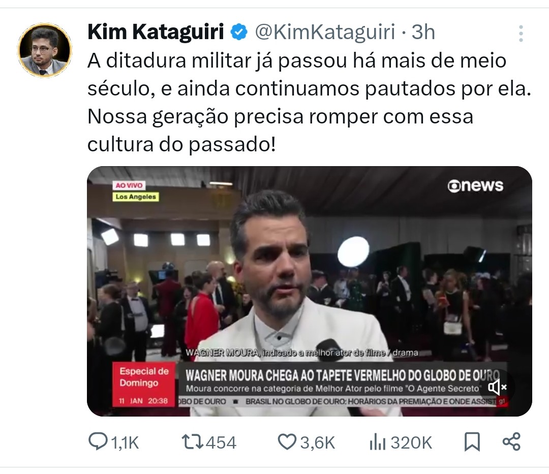 Diferente da propagação da ignorância de <a href="/KimKataguiri/">Kim Kataguiri</a> e da falsificação agitada pela extrema-direita, o grande do filme "O Agente Secreto", com Wagner Moura, foi denúncia da corrupção dos agentes da Ditadura e a perseguição de brasileiros não ligados à esquerda e a luta armada.