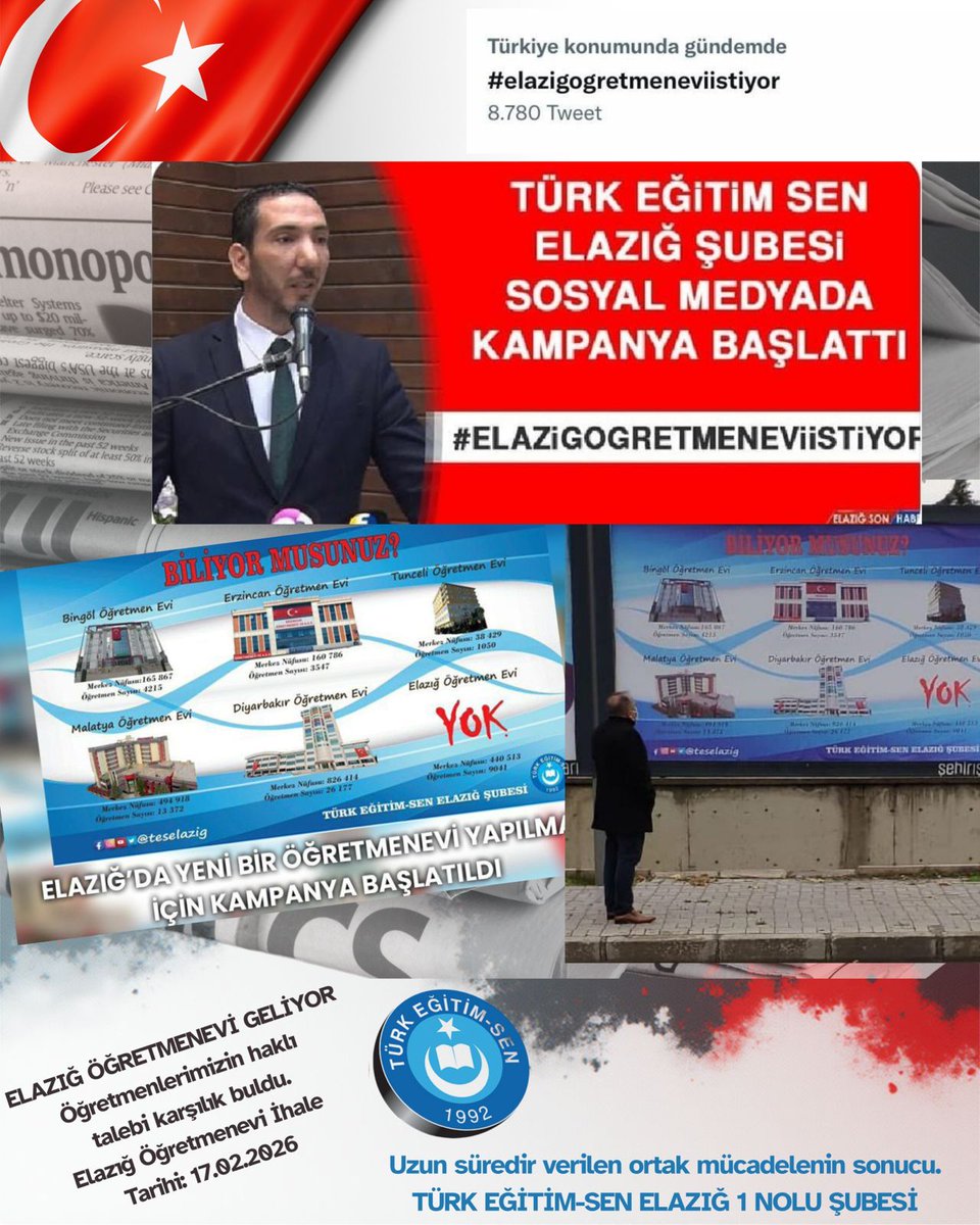 fmuratt23's tweet photo. TÜRK EĞİTİM-SEN ELAZIĞ ŞUBESİ tarafından ilk kez 30.11.2021 tarihinde #ElazığÖğretmenEviİstiyor başlıklı Twitter gündem çalışması ile kamuoyuna duyurulan Öğretmenevi talebi, bugün itibarıyla karşılık bulmuştur. 

İl Milli Eğitim Müdürlüğümüz, Elazığ Öğretmen Evi’nin ihalesinin 17.02.2026 tarihinde yapılacağını duyurmuştur.

Bu gelişme; öğretmenlerimizin ve hemşehrilerimizin ortak talebinin, kararlı sendikal duruşun ve kamuoyu oluşturmanın somut bir kazanımıdır.

Sürecin takipçisi olmaya devam edeceğiz.
Emeği geçen herkese teşekkür ederiz.