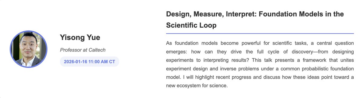 AImeetsScience's tweet image. Professor @yisongyue  will be speaking this Friday at the AI &amp;amp; Scientific Discovery seminar!

You can tune in either on

Zoom: uchicago.zoom.us/j/98978799846?…
Youtube: youtube.com/@AIScientificD…