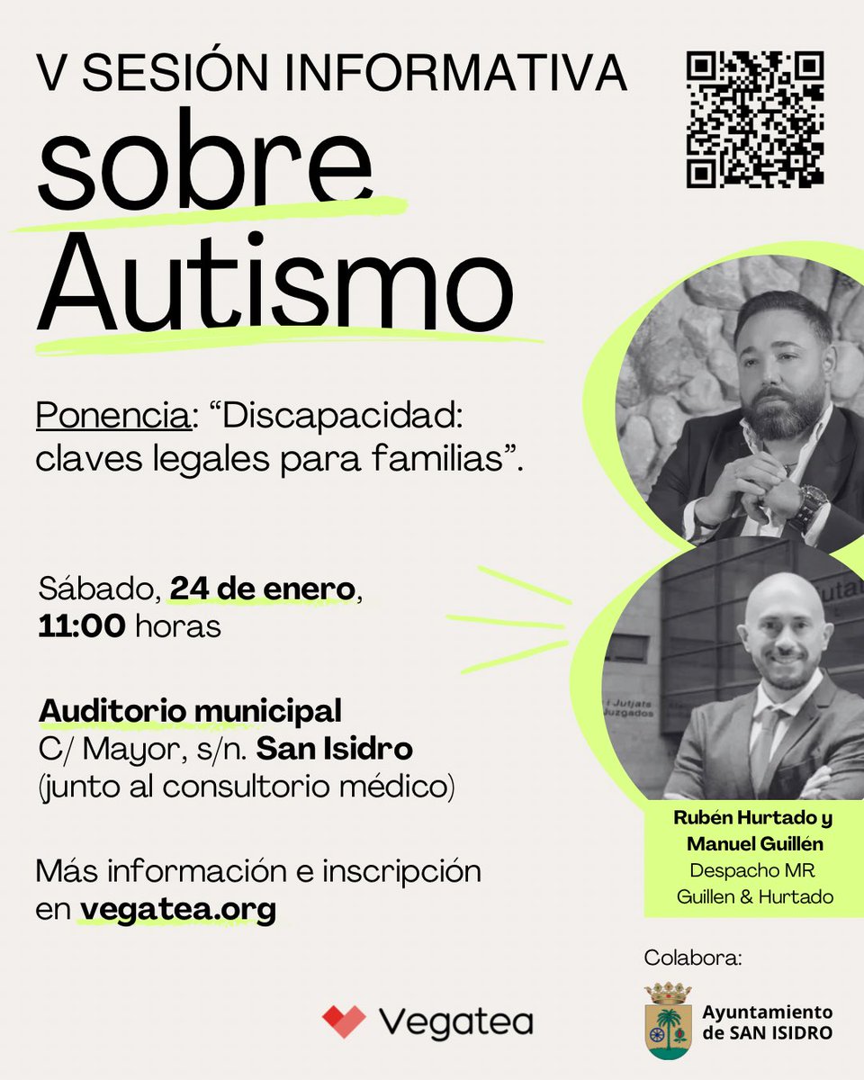 vegatea_org's tweet photo. 📢  El sábado 24 de enero de 2026, a las 11:00h en el Auditorio de San Isidro, celebraremos la V Sesión Informativa sobre Autismo, en la que contaremos con la ponencia del despacho MR Guillén &amp; Hurtado.

🔗 Inscríbete aquí: https://t.co/XA47PhwDRA 

#Vegatea #autismo #tea https://t.co/O2OTzKyfxe