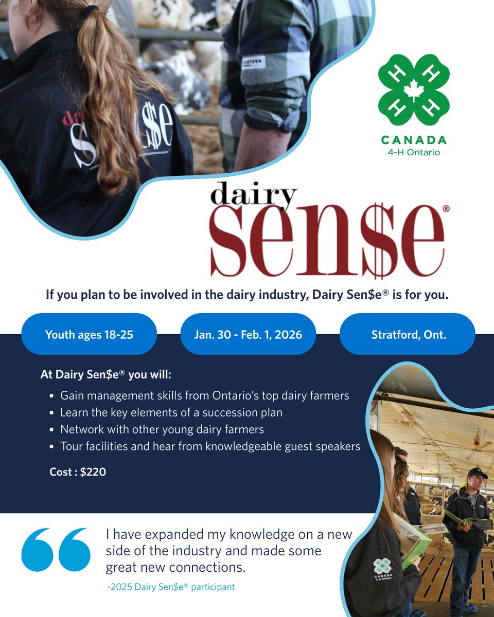 4HOntario's tweet photo. 🧵 Thinking about signing up for Dairy Sen$e? Youth ages 18-25, this is something you don't want to miss! 
Here are 3 reasons why it’s worth it 👇🐄 (1/5) https://t.co/yvfUPNuiZr