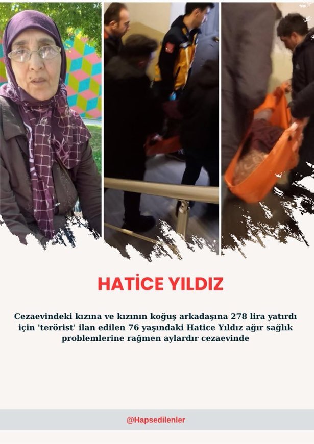 Hatice Yıldız, 76 yaşında ve cezaevinde. Suçu, tutuklu kızına ve kızının koğuş arkadaşlarına para göndermek.4 yıl ceza verilmiş.Yürüyemeyecek durumdaki hasta kadını cezaevine attılar Kimseyi kandırmayalım Hatice Yıldızdan suçlu olmaz ‼️
<a href="/adalet_bakanlik/">T.C. Adalet Bakanlığı</a>

#KHKlılarYalnızBırakıldı