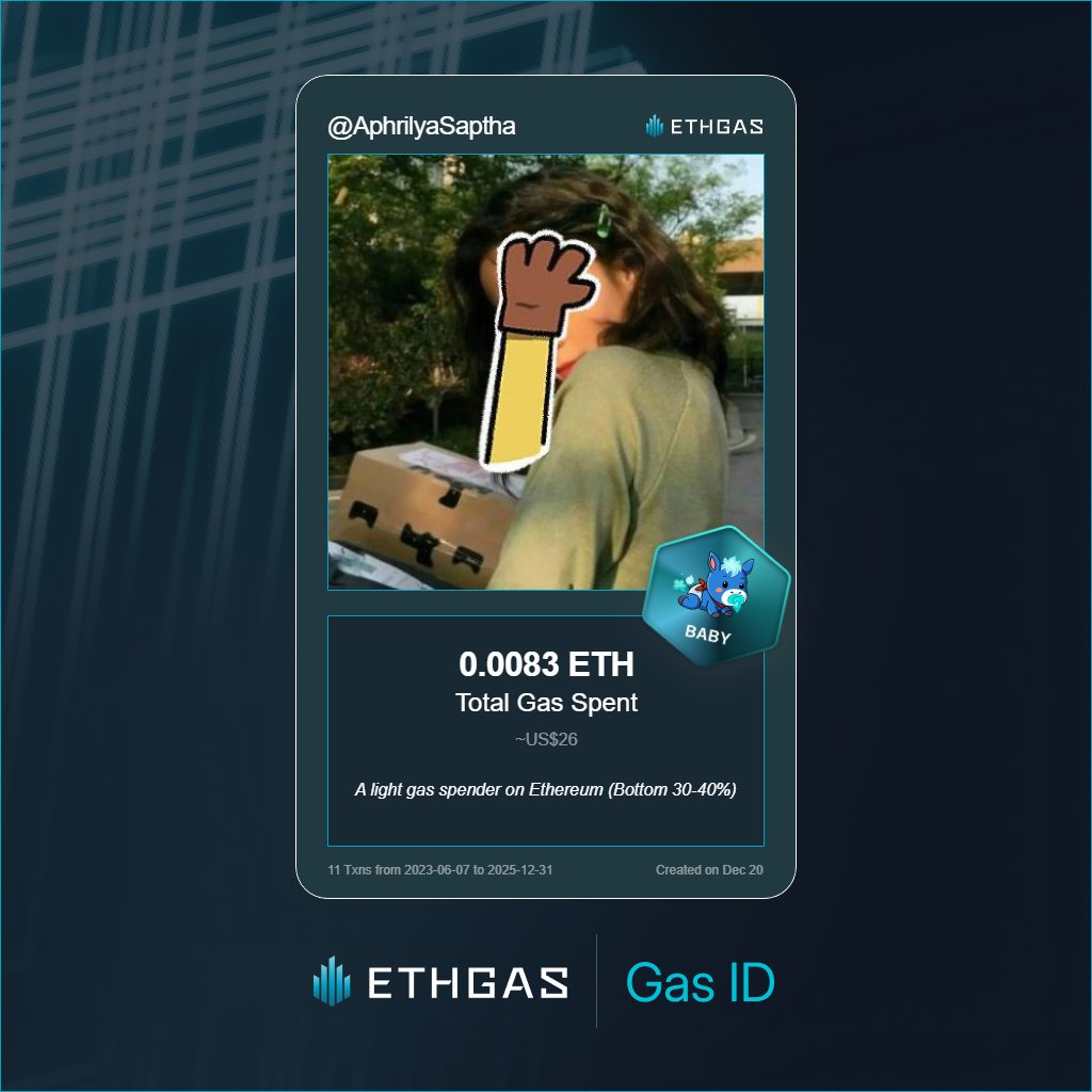 Leveled up in the Great Gas Reckoning with ETHGas! 💪

Baby Jack status: 0.0083 ETH gas spent, 2 Beans earned—supporting the Gasless Future!

Claim your Gas ID at ethgas.com/community/gas-…